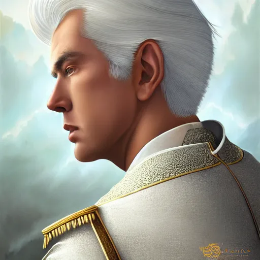 Image similar to a portrait of a young handsome prince with white hair, elegant, beautiful, backlit, incredible lighting, strong rim light, highly detailed, god rays, digital painting, HDRI, by Heise Jinyao, Heise-Lian Yan Fang, Feimo, Richard Taddei, vivid colors, high contrast, 8k resolution, intricate, photorealistic, smooth