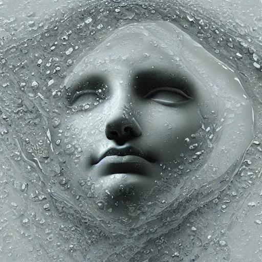 Image similar to “a delicate renaissance marble sculpture covered with water veil highly glitched, highly detailed transparent marble cloth, gi, global illumination, physically based rendering, photorealistic, top light, dark background ”