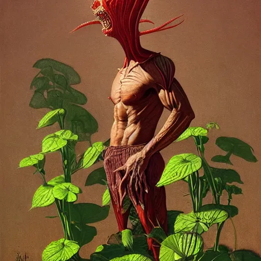 Image similar to Ripped Physique Portrait of a Venus Flytrap Guy wearing a Venus Flytrap costume plant disguised as a human standing atop a red clay pot greg rutkowski anna podedworna arthur rackham salvador dali octavio ocampo jacek yerka winslow homer norman rockwell inio asano prismacolor tombow quill