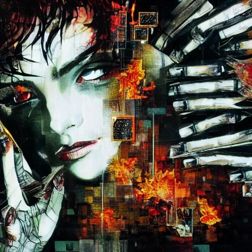 Prompt: she is burning her digital past with glitched flames made of bits, oil on canvas by dave mckean and yoji shinkawa