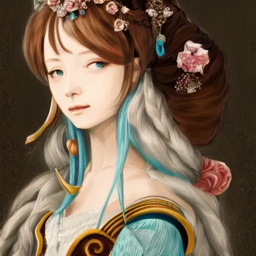 Image similar to a beautiful portrait of hatsune miku as a 1 6 th century noblewoman, fantasy, intricate, elegant, highly detailed, digital painting, artstation, concept art, matte, sharp focus, illustration, luminist and baroque style