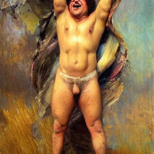 Prompt: Danny Devito with an shredded, toned, inverted triangle body type, painting by Gaston Bussiere, Craig Mullins, XF IQ4, 150MP, 50mm, F1.4, ISO 200, 1/160s, natural light