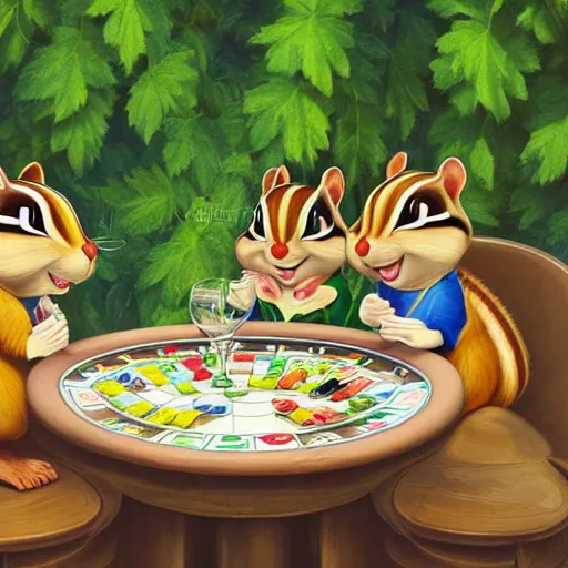 Prompt: three chipmunks sitting in a beautiful garden at a winery in heaven, tasting wine and eating cheese, while playing poker, digital art animation, highly detailed, elegant, 4 k