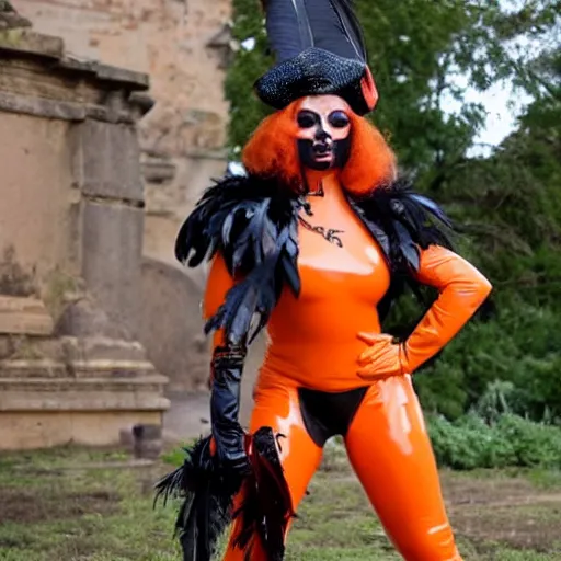 Image similar to Big bust witch in orange latex dress and orange latex gloves holding raven feather
