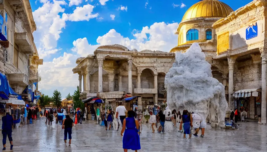 Prompt: a lush pamukkale high - tech city landscape with gold beautiful temples and royal blue mage wearing a space suit wondering around the luxurious street