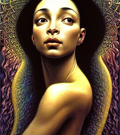 Image similar to detailed realistic beautiful young sade adu face portrait by jean delville, gustave dore and marco mazzoni, art nouveau, symbolist, visionary, baroque, intricate. horizontal symmetry by zdzisław beksinski, iris van herpen, raymond swanland and alphonse mucha. highly detailed, hyper - real, beautiful