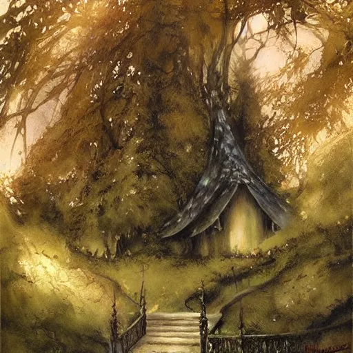 Prompt: elrond's house, rivendell, by craig davison