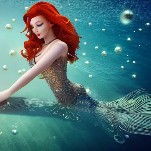 Image similar to a beautiful redhead mermaid in the middle of the ocean, sunshine underwater, pearls, efflorescence, futuristic cybernetic engine, intricate details in the frames, symmetrical, magic, 4k high quality render.