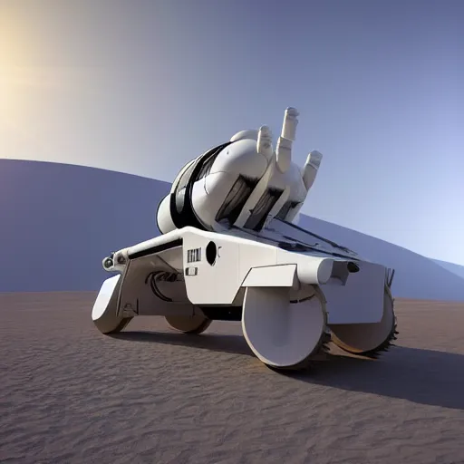 Prompt: a Space X design inspired, huge, white colored, tall, rounded rectangular shaped five-level cargo personnel planetary transport vehicle with orange accents, wires and tubes, communication systems, antennas, hemisphere shaped life support on top, stairs, big off road wheels, on a flat desert planet, bright sunlight, high quality, 3D render, long shot, clear blue sky, detailed, sharp