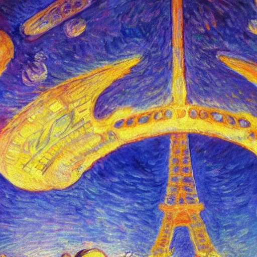 Prompt: starship enterprise in the sky, background eiffel tower, oil painting by toulouse lautrec, wallpaper