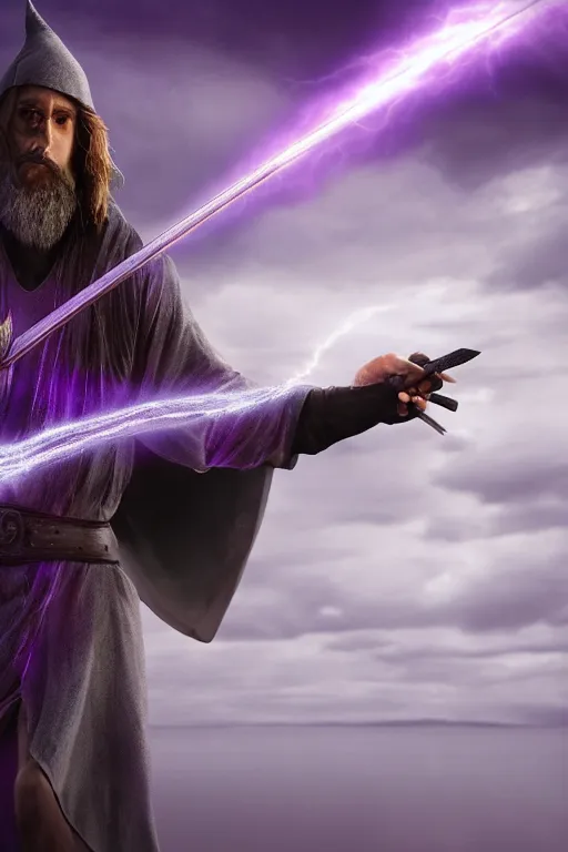 Prompt: hyper realistic mystical wizard holding a sword that’s pointed towards the sky, sword is getting shocked by purple lightning, wizard is levitating over a lake, reflection, octane, trending on artstation, hyper realistic, highly detailed, 8k