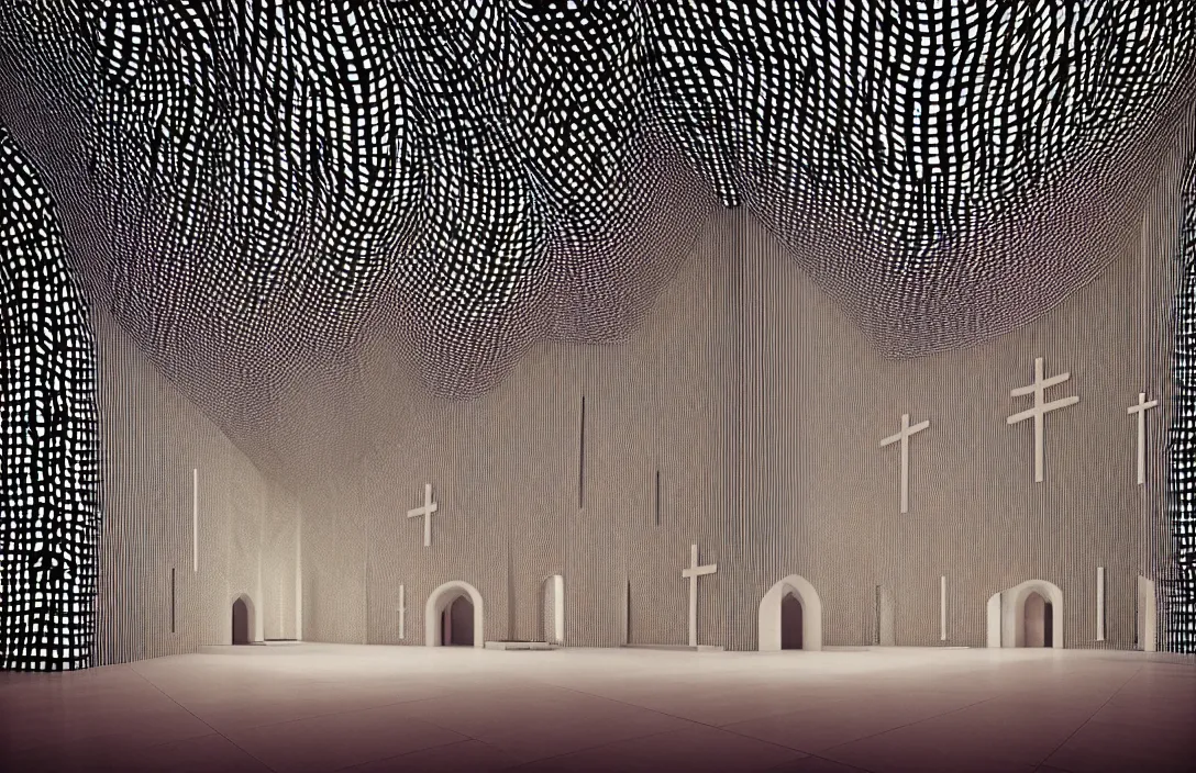 Prompt: vestiges of the world in this church interior, vertical lines suggest spirituality, rising beyond human reach toward the heavens. cloister quadrangle yayoi kusama installation by filip hodas