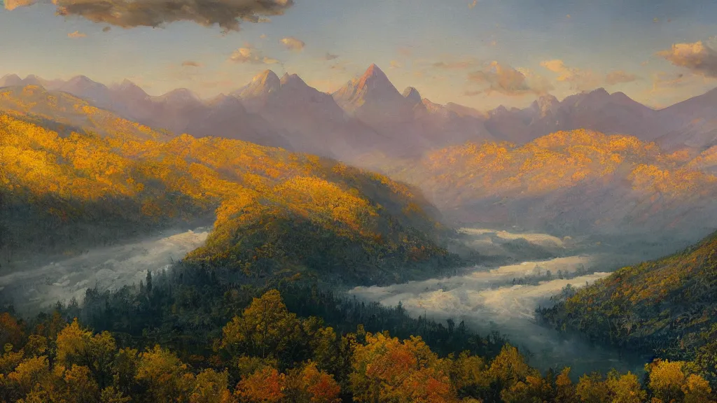 Image similar to The most beautiful panoramic landscape, oil painting, where the mountains are towering over the valley below their peaks shrouded in mist. The sun is just peeking over the horizon and the sky is ablaze with colors. The river is winding its way through the valley and the trees are starting to turn yellow and red, by Greg Rutkowski, aerial view