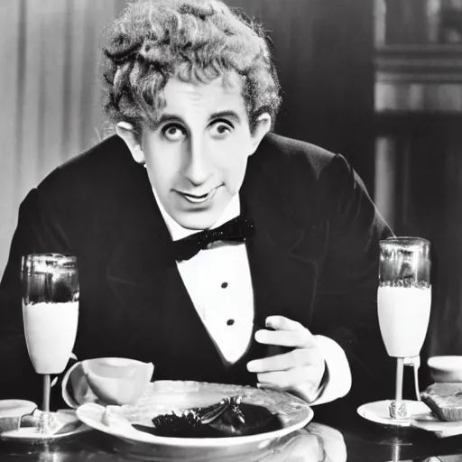 Image similar to harpo marx dines alone at a fancy restaurant