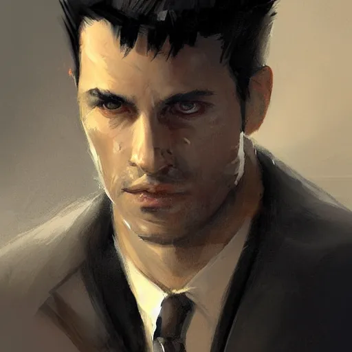 Prompt: portrait of a man by greg rutkowski, he is! about 3 0 years old, short black hair with bangs, his features are a mix between french, turkish and russian and he is wearing futuristic prosecutor suit, highly detailed portrait, digital painting, artstation, concept art, smooth, sharp foccus ilustration, artstation hq