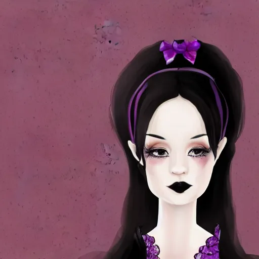 Image similar to character concept art of beautiful delicate pale goth woman with black hair, wearing long black and purple dress, highly detailed, illustration