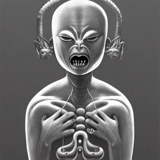 Image similar to naraka buddhist demon korean, happy female alien, tubular creature, blood vessels, no face, dystopian surrealism, alex ries zdzisław beksinski, symmetrical long head, smooth marble surfaces, smooth marble surfaces, detailed ink illustration, detailed ink illustration, raiden metal gear, cinematic smooth stone, deep aesthetic, concept art, intricate