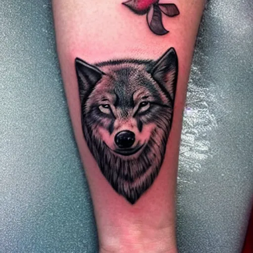 Image similar to a tattoo design of a beautiful girl under a wolf head, in the style of den yakovlev, hyper - realistic, amazing detail