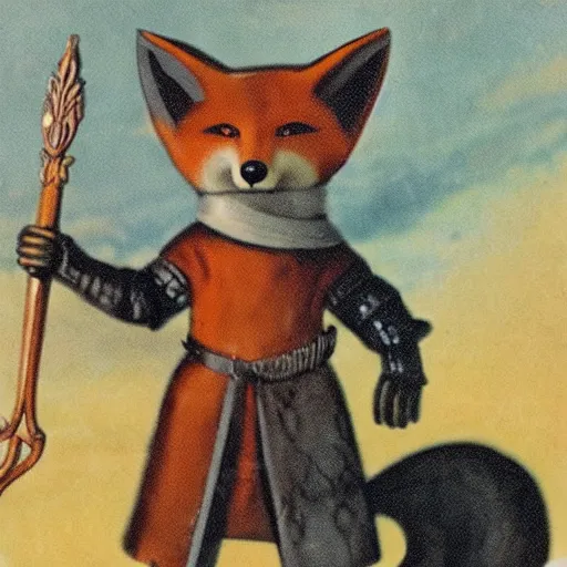 Prompt: anthropomorphic fox who is a medieval knight holding a sword towards a stormy thundercloud, 1930s film still colored