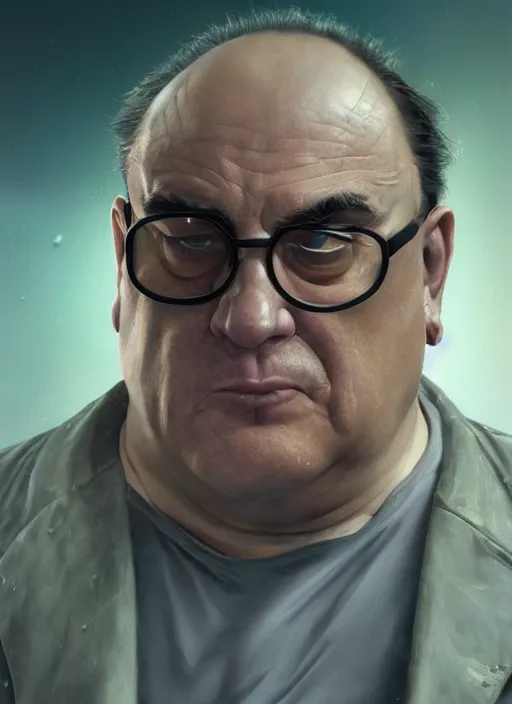 Image similar to ultra realistic medium shot of danny de vito how a cyborg cyberpunk, sci - fi, kodak, faces, colour led, soft light, volumetric lighting, fog, rays, night, intricate detailed, digital painting, concept art, smooth, sharp focus, illustration, art by artgerm and greg rutkowski and alphonse mucha