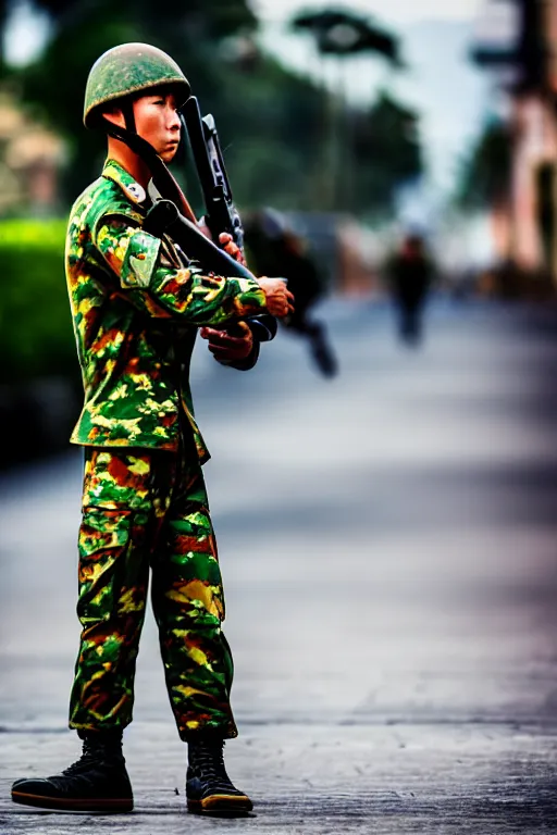 Prompt: vietnam soldier with skateboard, photography, cinematic, bokeh, extreme details, vogue photo style, dynamic composition, intricate, comfort posse, smooth, sharp focus, body features, ultra realistic, award winning photo, captured by nikon d 8 5 0, 4 k, full body.