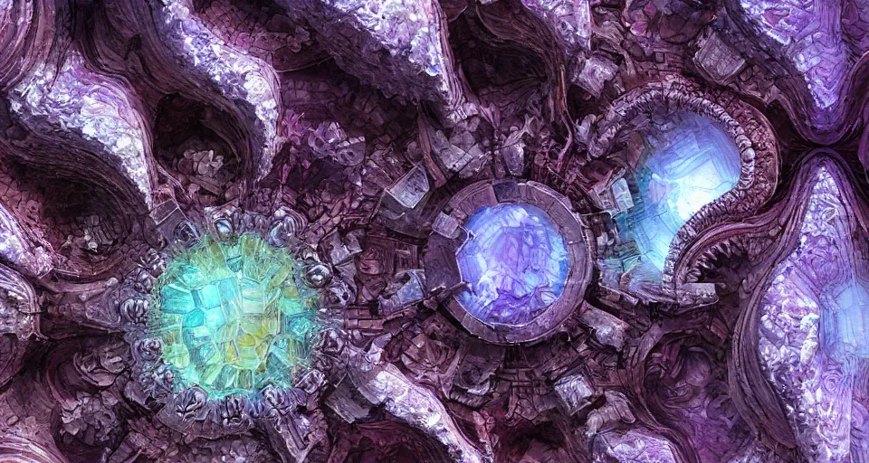 Image similar to Close up of intricate Marc Simonetti mandelbulb fractal, made of fluorite crystals, ultra detailed, fractal art, cgsociety, artstation