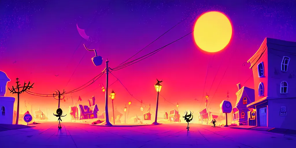 Image similar to curved perspective digital art of a summer night small town street from nightmare before christmas by anton fadeev