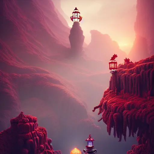 Image similar to infinite final fantasy candyland landscape fall god temple, moody, warm tones : : wes anderson, roger dean, sophie anderson, esao andrews : : ornate, dynamic, particulate, intricate, elegant, highly detailed, centered, artstation, smooth, sharp focus, octane render, 3 d