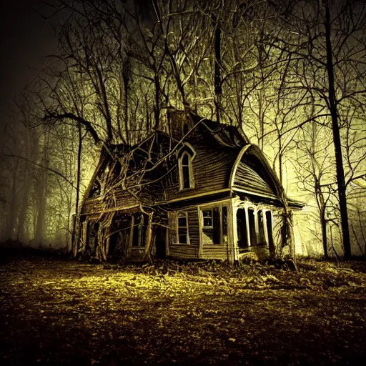 Prompt: twisted creepy building with in a dark forest at midnight