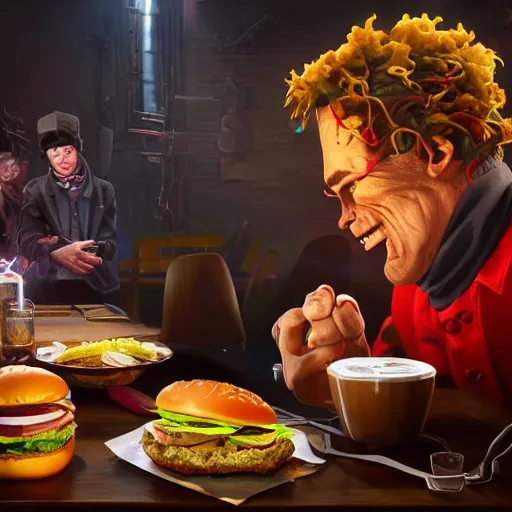 Prompt: Frankenstein eating hamburgers with extra ketchup and mustard, pickles, onions, lettuce, Big Macs, intricate, epic lighting, cinematic composition, hyper realistic, 8k resolution, unreal engine 5, by Artgerm, tooth wu, dan mumford, beeple, wlop, rossdraws, James Jean, Andrei Riabovitchev, Marc Simonetti, yoshitaka Amano, Artstation