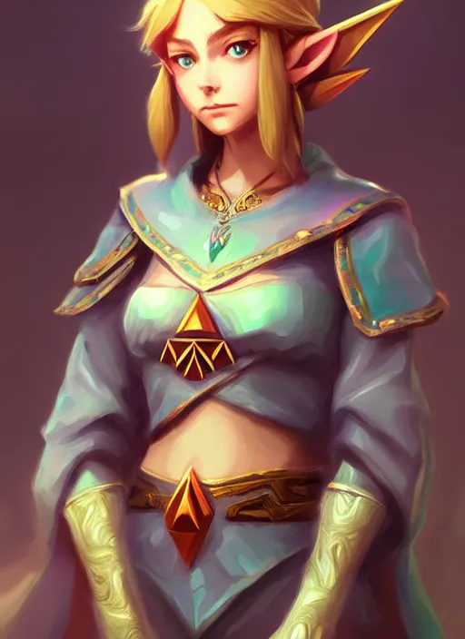 Image similar to zelda with triforce, fantasy, intricate, elegant, highly detailed, digital painting, artstation, concept art, wallpaper, smooth, sharp focus, illustration, art by wlop