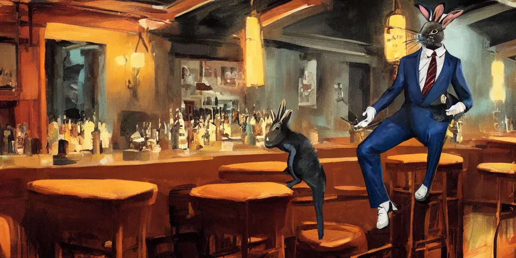 Image similar to a biped rabbit wearing a tie sits on a barstool at the bar of a 4 0 s jazz club, warm color palette, night time, dramatic lighting, noir film, character sheet, fine details, high contrast, blacksad, kim jung gi, greg rutkowski, trending on artstation, 8 k, front view, back view, ultra wide angle