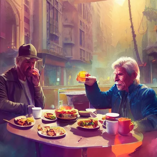 Image similar to harrison ford eating breakfast, colorful, contrast, 3 d scene, greg rutkowski, zabrocki, karlkka, jayison devadas, trending on artstation, 8 k, ultra wide angle, zenith view, pincushion lens effect