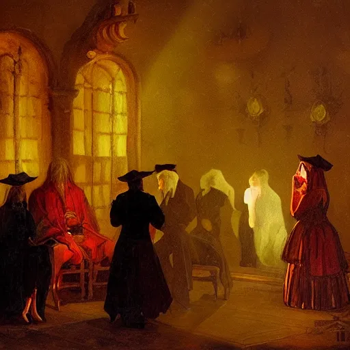 Image similar to baroque vampire ceremony, in the style of Ilya Repin, volumetric light, dramatic lighting, smoky