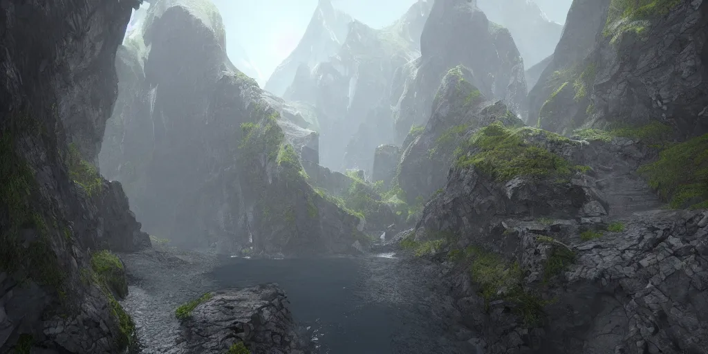 Prompt: narrow passage between two mountains unreal engine render