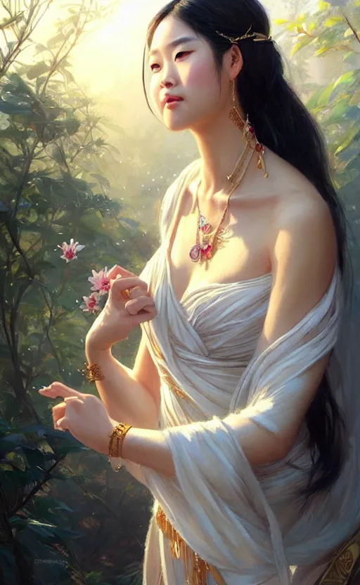 Image similar to a beautiful taiwan goddess with sundress with jewelry | | winter, realistic shaded, unpleasant face, good looking, fine details, realistic shaded lighting poster by greg rutkowski, magali villeneuve, artgerm, jeremy lipkin and michael garmash and macoto takahashi