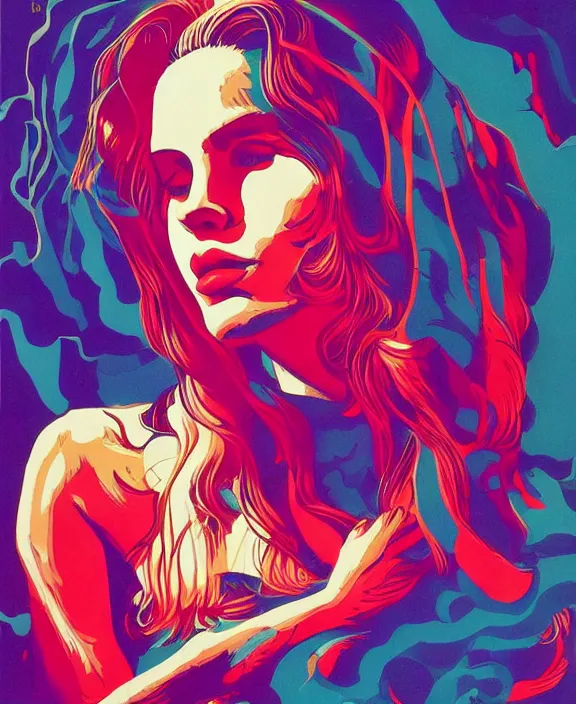 Image similar to lana del rey by tristan eaton, victo ngai, triadic color scheme, edward hopper, beksinski, nicola samori, hyperrealism, intricate detailed, risograph