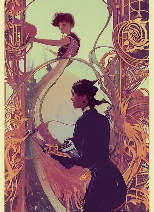 Prompt: an art nouveau illustration of a girl wearing an anorak holding a snake by kilian eng, john berkey and norman rockwell