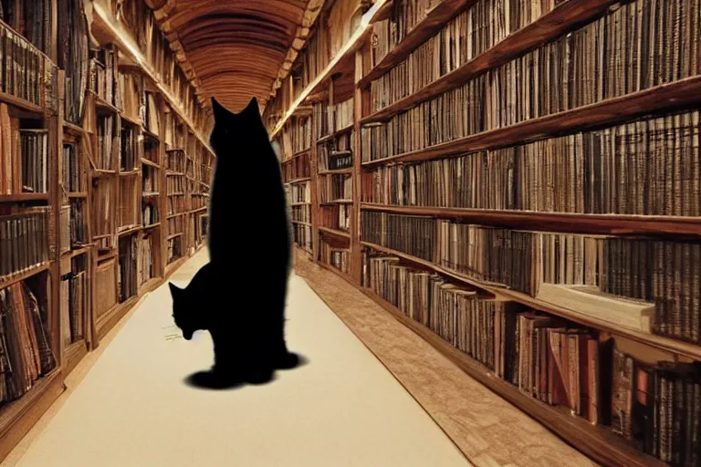 Prompt: fantasy VFX movie of a black cat walking through a wizards magic underground library study lair, natural lighting by Emmanuel Lubezki