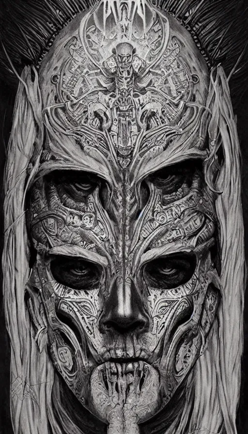 Image similar to immortal galactic emperor hybrid aztec fantasy beautiful angellic symmetrical human elven face skull mask tattoo pattern concept, teonanacatl glyph, intricate artwork by, Johnatan Wayshak, Zdizslaw Beksinski, face by Artgerm, H.R. Giger, very coherent artwork, cinematic, hyper realism, high detail, octane render, unreal engine, 8k, High contrast, higly detailed black ink outline, crosshatch sketch gradient