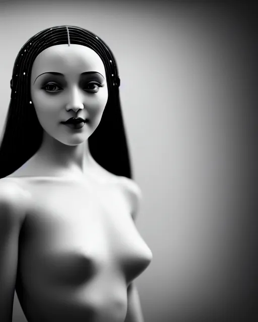 Image similar to black and white dreamy young beautiful female artificial intelligence, cinematic, rim light, photo - realistic, elegant, high detail, 8 k, masterpiece, photo taken in 1 9 3 0