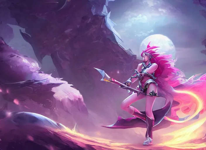 Image similar to moon princess in battle concept art, digital illustration, trending on artstation, epic composition, scenic background, 8 k uhd, masterpiece, league of legends splash art, highly detailed, perfect lineart