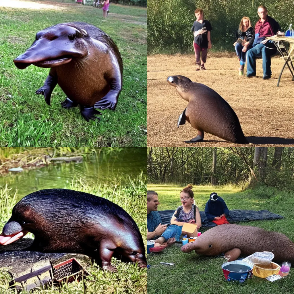 Prompt: A platypus at his family picnic, fantastic.