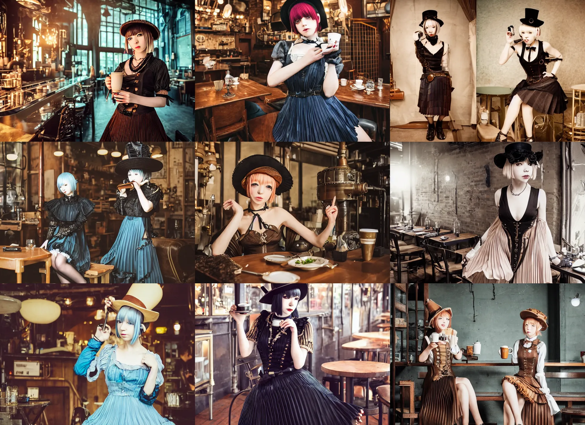 Image similar to full body portrait photo of reol wearing a elegant pleated steampunk dress, open top, wearing a cute hat, drinking coffee in a ( ( busy ) ) steampunk cafe interior, dim studio lighting, at night, ( ( photograph ) ), moody, realistic, detailed, low light, skin tinted a warm tone, light blue filter, victorian
