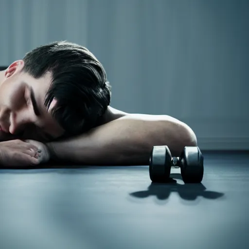 Image similar to A guy is sleeping on a dumbbell , cinematic lightening, high quality, 8k , octane render