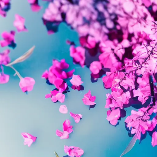 Image similar to pink perfume bottle sitting on the middle of a blue lake, close up shot, upfront, surrounded by pink flowers, blurred blue sky backround, softly - lit, soft - warm, zen, light, modern minimalist f 2 0 clean