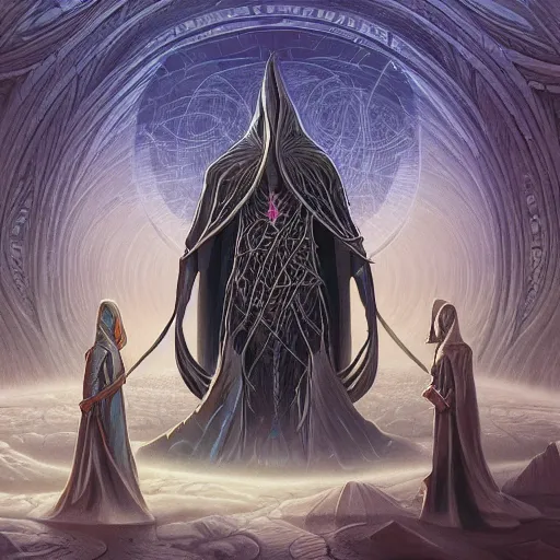 Image similar to a quantum computer surrounded by a dark cabal of hooded elven mystics gathered in a circular formation, michael whelan art, dan seagrave art, cgsociety, artstation, epic scifi fantasy art