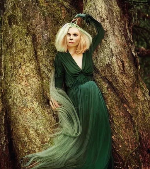 Prompt: hd portrait of a 3 2 - year old woman with an ethereal, whimsical, fey aesthetic. dirty blonde hair. green clothes. silver jewelry. a modern - day witch and enchantress of the acanthus path. portrait photography by annie leibovitz.