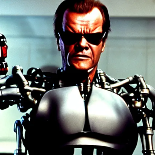 Image similar to Jack Nicholson plays Terminator, epic scene where his endoskeleton gets exposed