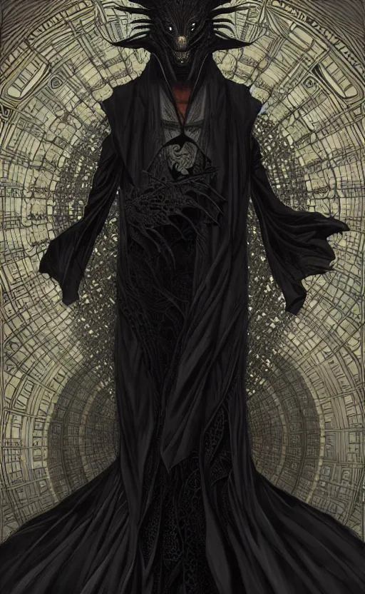 Image similar to Defaced creature wearing a black robe, it's face has been replaced by a fractal singularity of shifting patterns. fantasy, highly detailed, digital painting, artstation, concept art, smooth, sharp focus, illustration, art by artgerm and greg rutkowski and alphonse mucha